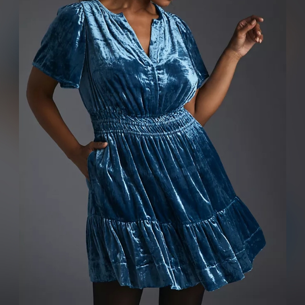 Anthropologie‎ Somerset Women’s Small Velvet Blue Short-Sleeve Tiered Dress NWT